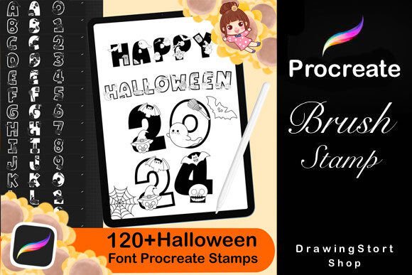 120 Halloween Font Procreate Stamps