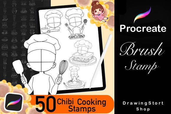 50 Procreate Chibi Cooking Poses Stamps