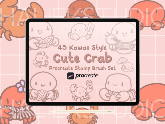 Crab Procreate Stamp Brush Set: 45 Kawaii Assets