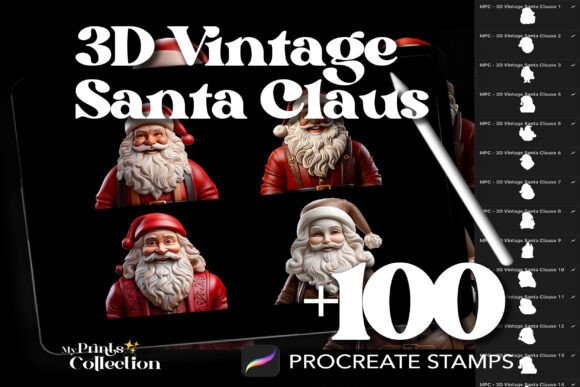 Revitalizing Holiday Art with 100 Procreate 3D Vintage Santa Claus Stamps